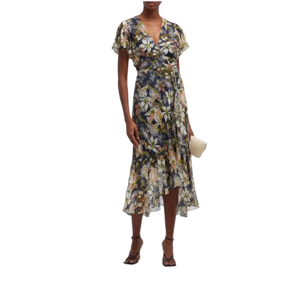 Tanya Taylor Blaire Printed Linen-Silk Midi Faux-Wrap Floral Dress NWT Size 0